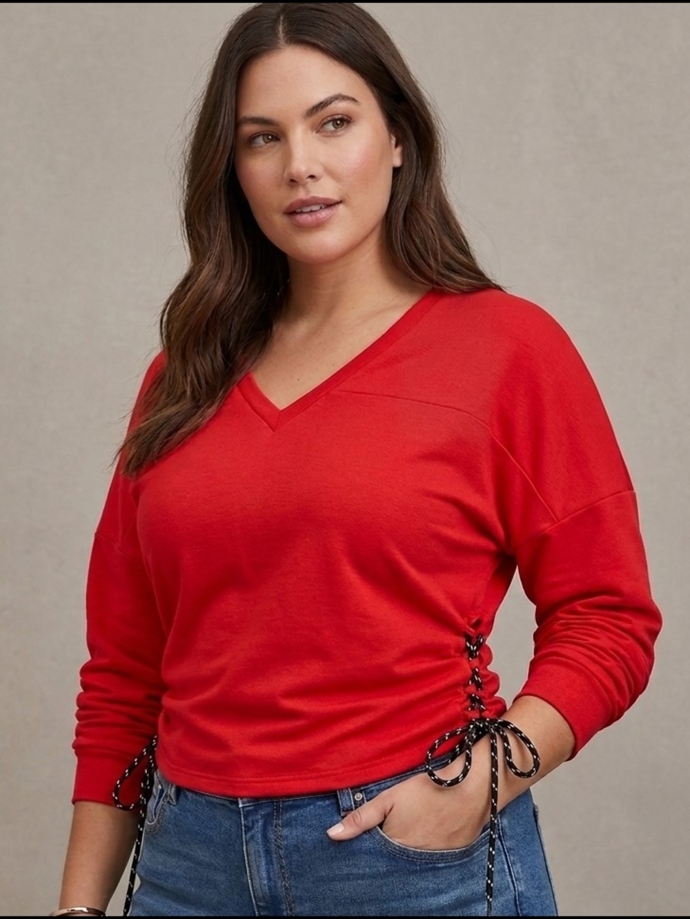 Fashion to Figure Red Long Sleeve V-Neck Top with Side Cinching Ties Size XL